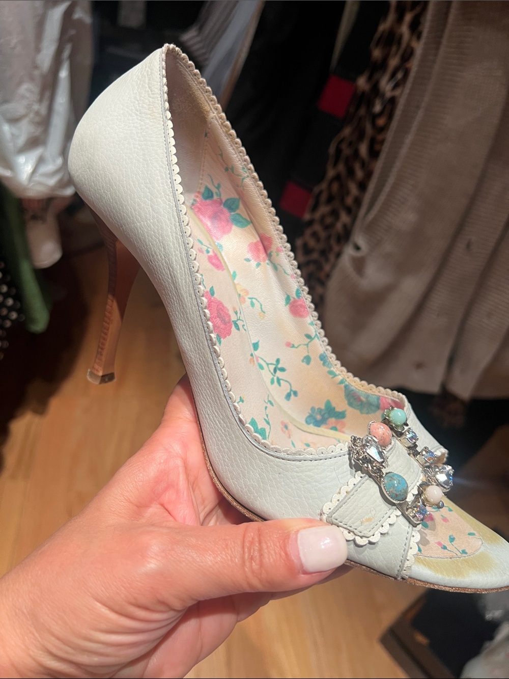 Decorative Mint Slide Heels with Gemstone Buckle - Women